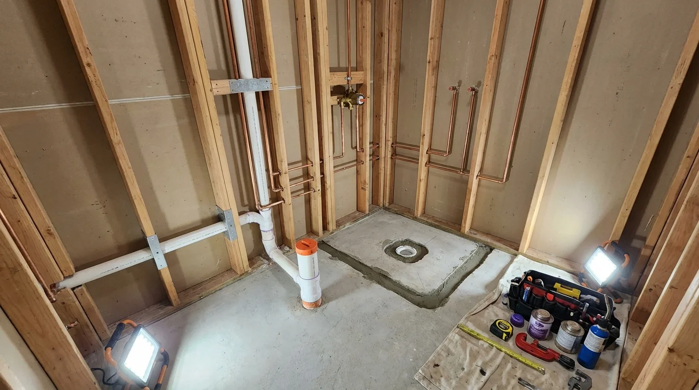 Bathroom rough-in plumbing during remodel by Johns Plumbing LLC in Howard
