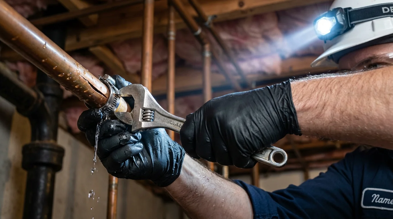 Emergency pipe clamp repair being performed by a Johns Plumbing LLC plumber in Howard