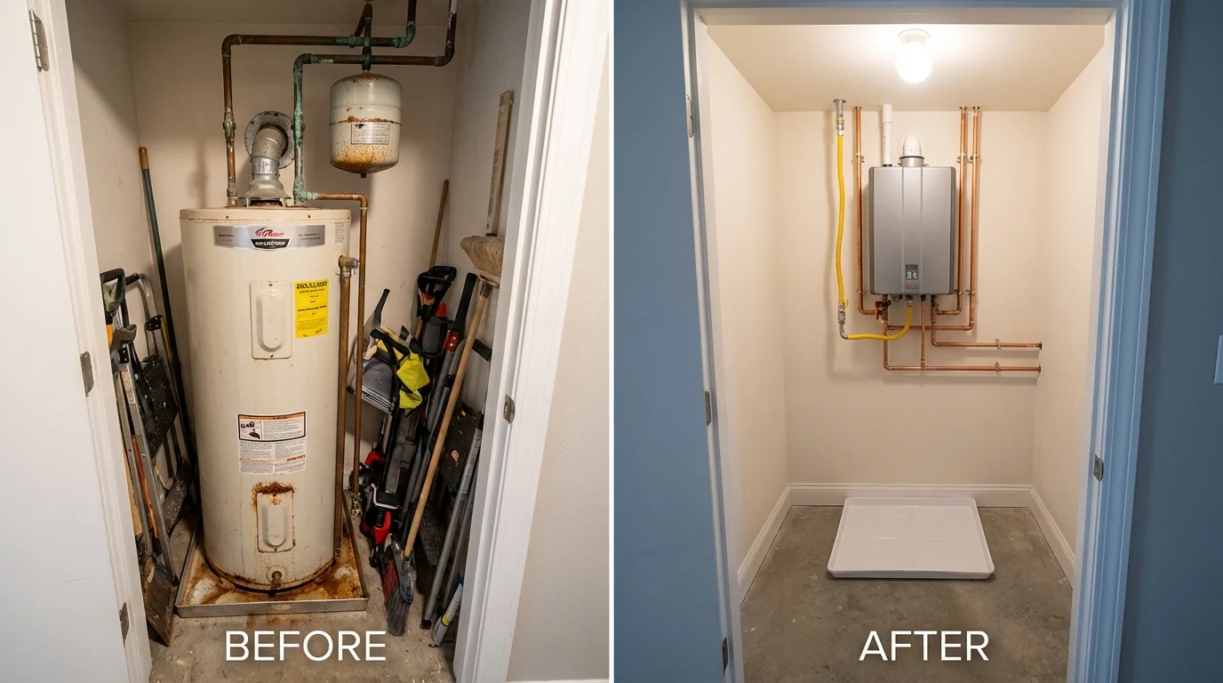 Tank water heater versus wall-mounted tankless unit comparison for Howard, KS homeowners