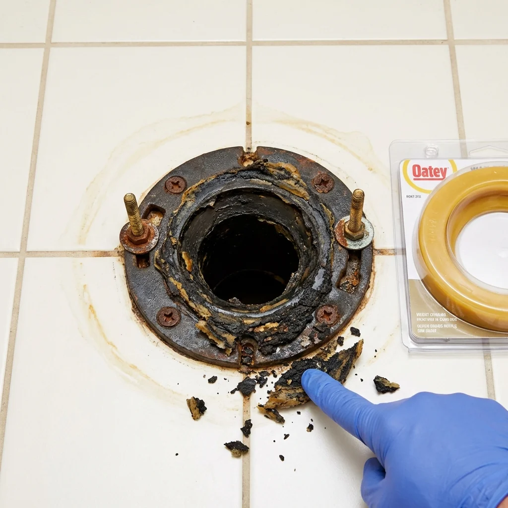 Failed wax ring showing water seepage at the base of a toilet in a Howard, KS home
