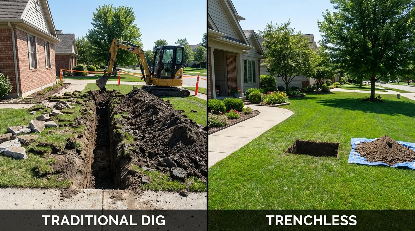 Trenchless sewer repair with minimal yard damage versus traditional excavation in Howard, KS