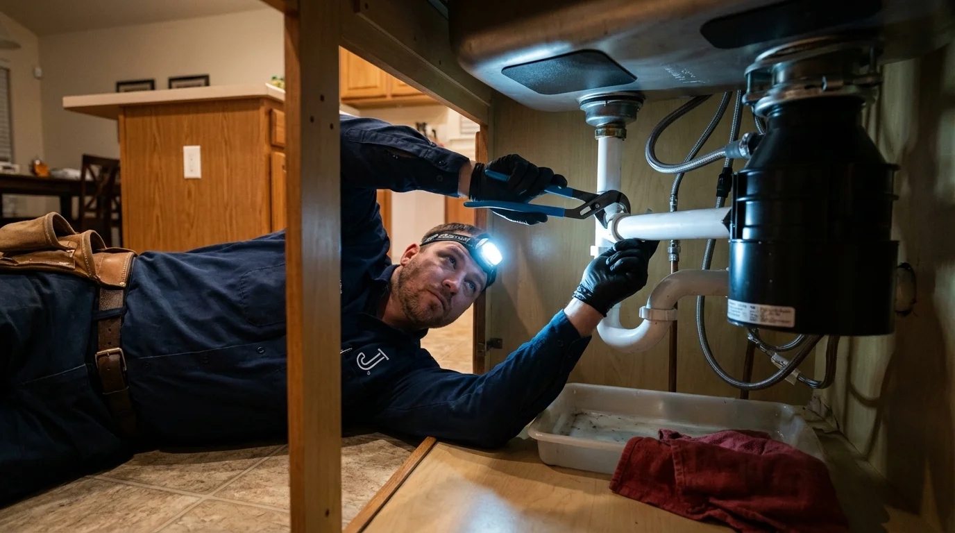 P-trap and supply line connections under a kitchen sink showing a common leak point in Howard, KS